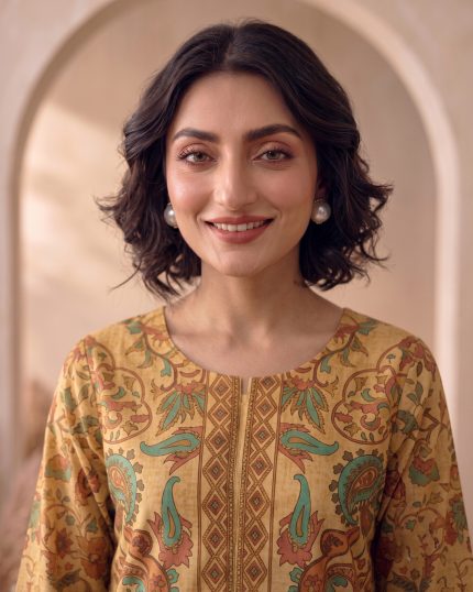 2 Piece Printed Mustard Suit – Article 3 Print Detail