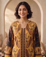 2 Piece Printed Mustard Suit – Article 4 Print Detail