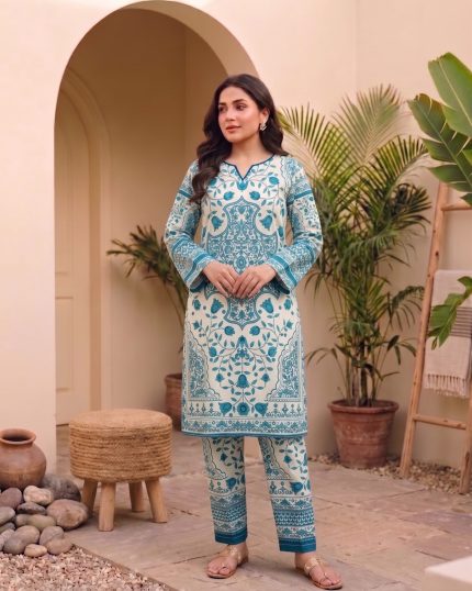 2 Piece Printed Off White Blue Suit Article 10