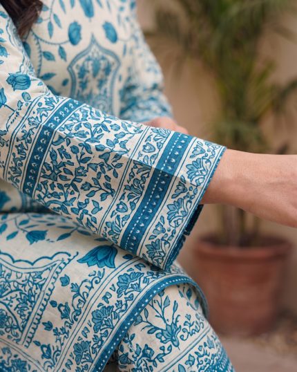 2 Piece Printed Off White Blue Suit – Article 10 Front View