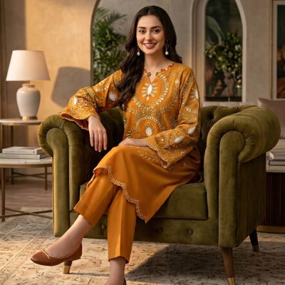 2 Piece Chikan Kari Mustard Suit – Article 4 Chikan Kari Detail