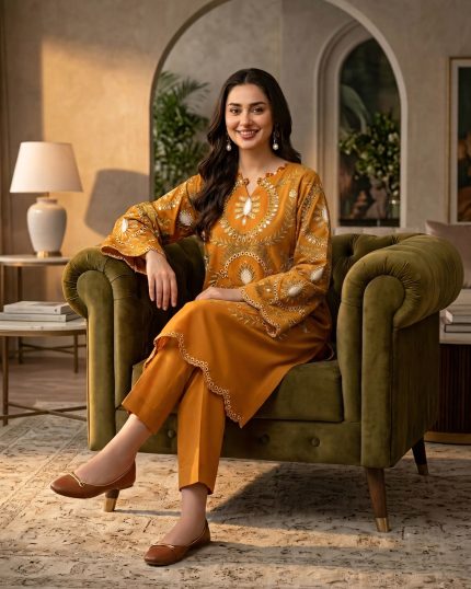 2 Piece Chikan Kari Mustard Suit – Article 4 Chikan Kari Detail