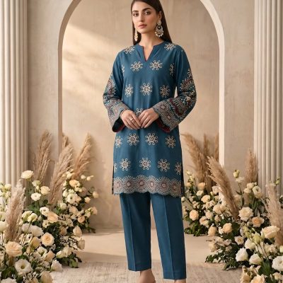 2 Piece Chikan Kari Petrol Blue Suit Article