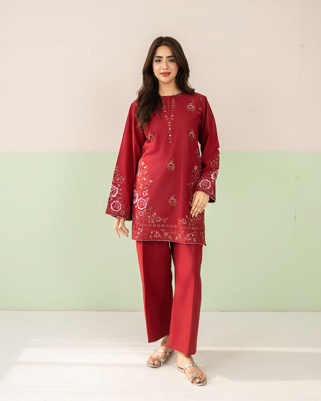 2 Piece Embroidered Red Suit Article