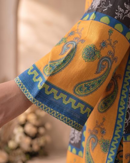 2 Piece Printed Mustard Suit – Article 19 Print Detail